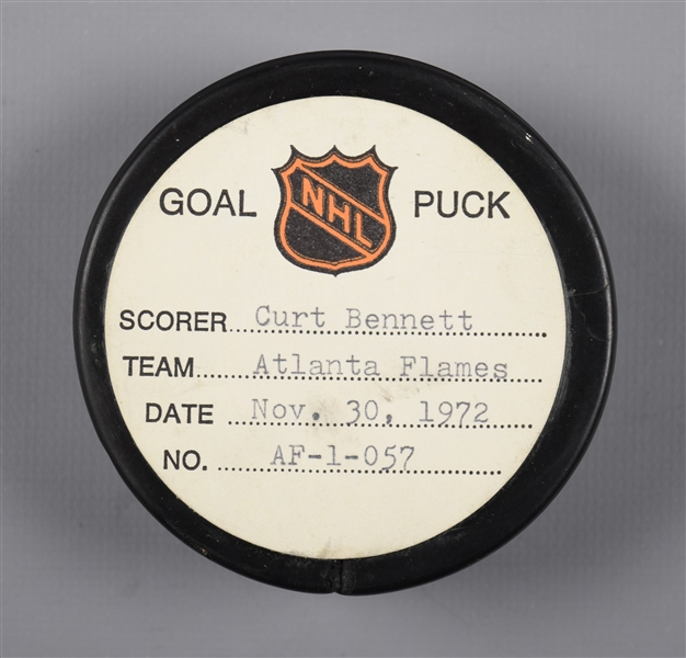 Curt Bennetts Atlanta Flames November 30th 1972 Goal Puck from the NHL Goal Puck Program - 1st Goal of Season / Career Goal #6