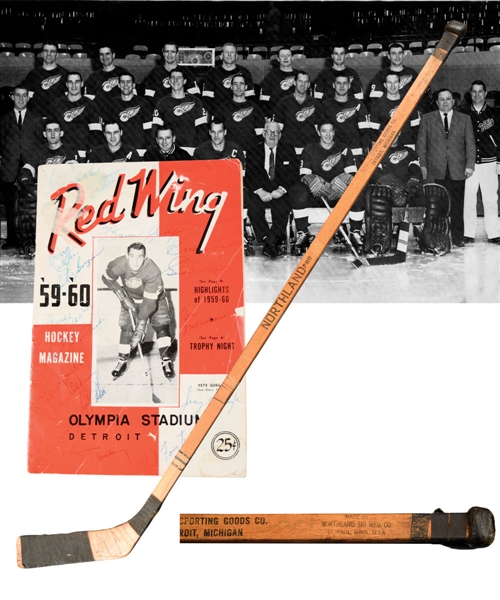 Jim Morrisons 1959-60 Detroit Red Wings Game-Used Team-Signed Stick with Howe and Sawchuk Plus Team-Signed Program