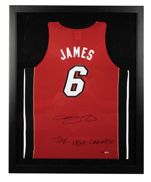 LeBron James Signed Miami Heat Limited-Edition Framed Jersey #1/50 with UDA COA (40 1/2" x 32 1/2") - "2X NBA Champs" Annotation