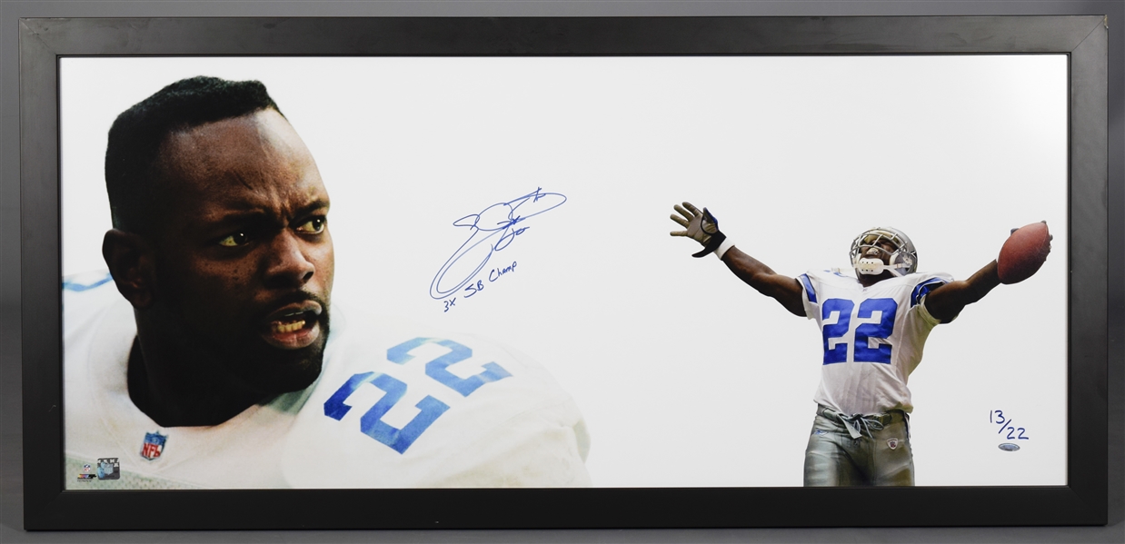 Emmitt Smith Signed Dallas Cowboys Limited-Edition Framed Display #13/22 from TriStar (23” x 49”) - "3X SB Champs" Annotation 