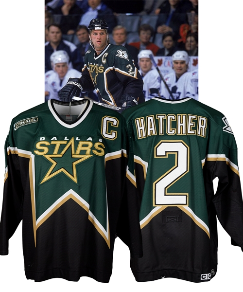 Derian Hatchers 1999-2000 Dallas Stars Game-Worn Captains Jersey with Team LOA - 2000 Patch! - Team Repairs! - Photo-Matched!