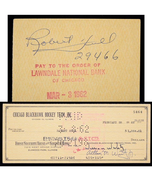 Bobby Hulls 1962 Chicago Black Hawks Payroll Check Signed by Hull and William Wirtz