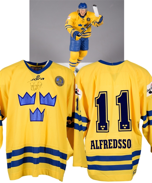 Daniel Alfredssons 2004 World Cup of Hockey Team Sweden Signed Game-Worn Pre-Tournament Jersey with LOA Plus Customized McFarlane Figurine