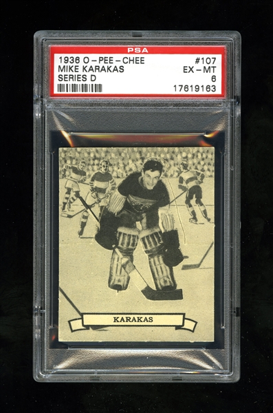 1936-37 O-Pee-Chee Series "D" (V304D) Hockey Card #107 Mike Karakas RC - Graded PSA 6