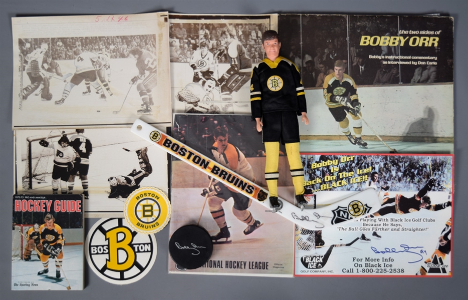 Bobby Orr Boston Bruins Autograph and Memorabilia Collection of 12 with 1970s Regal Doll, Photos and More