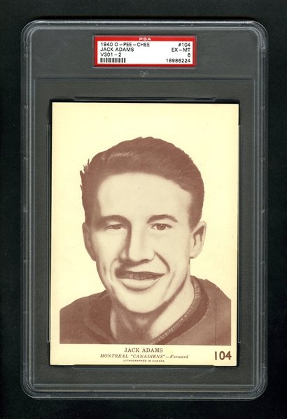 1940-41 O-Pee-Chee (V301-2) Hockey Card #104 Jack Adams RC - Graded PSA 6 - Highest Graded!