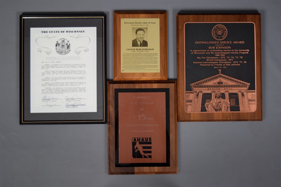 Bob Johnson’s 1970s College Hockey Award & Plaque Collection of 4