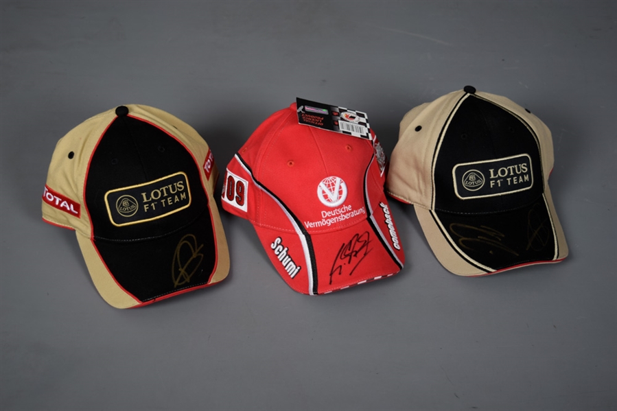 Formula One Signed Cap Collection of 3 with Schumacher, Grosjean and Raikkonen