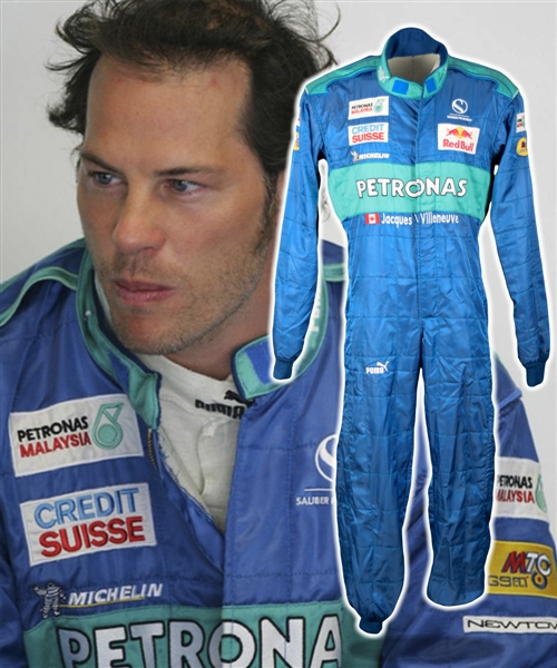 Jacques Villeneuves 2005 Credit Suisse Sauber Petronas F1 Team Signed Race-Worn Suit with His Signed LOA