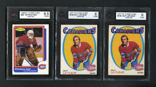 1971-72 O-Pee-Chee Hockey #148 HOFer Guy Lafleur RC (2) and 1986-87 O-Pee-Chee #53 HOFer Patrick Roy RC - All KSA Graded