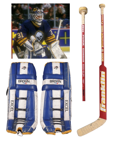 Grant Fuhrs 1993-94 Buffalo Sabres Photo-Matched Brown Game-Worn Pads Plus Calgary Flames Franklin Game-Used Stick