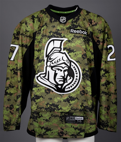 Curtis Lazars 2014-15 Ottawa Senators "Military Night" Warm-Up Worn Signed Jersey with COA