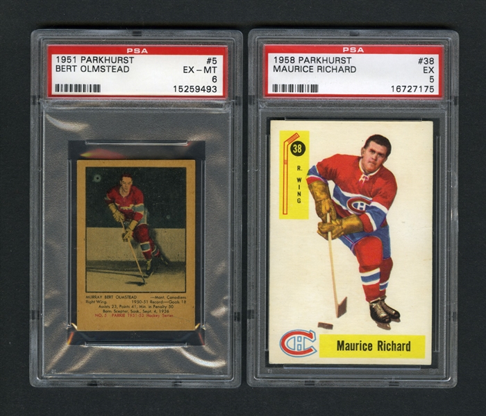 1951-52 Parkhurst #5 Olmstead RC (PSA 5), 1958-59 Parkhurst #38 M. Richard (PSA 5), 1966-67 Topps #80 Horton (PSA 8) and 1964-65 Topps #89 Howe