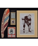 Howie Morenz 1930s Memorabilia and Card Collection with 1937 Howie Morenz Memorial Game Promotional Feather and 1933-34 Canadian Gum V252 Hockey Card