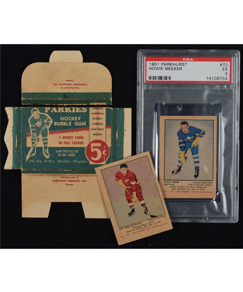 1951-52 Parkhurst Parkies Hockey Wrapper Box Plus #63 Alex Delvecchio Rookie Card and #72 Howie Meeker PSA-Graded RC 