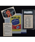 1962-63 Parkhurst Hockey Card Wrapper, Tally/Checklist and Zip Contest Cards Plus #32 Delvecchio Card