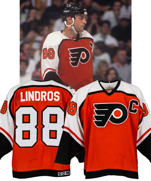 Eric Lindros 1994-95 Philadelphia Flyers Game-Worn Captains Jersey from His Collection with His Signed LOA - Hart Memorial Trophy and Lester B. Pearson Award Season - Photo-Matched to Playoffs!