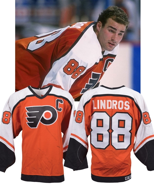 Eric Lindros 1995-96 Philadelphia Flyers Game-Worn Captains Jersey with His Signed LOA - Team Repairs! - 47-Goal Season! - Photo-Matched!