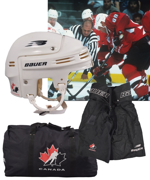 Eric Lindros 1996 World Cup of Hockey Team Canada Game-Used Bauer Helmet and Pant Shell Plus Equipment Bag with His Signed LOA
