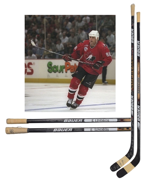 Eric Lindros 1996 World Cup of Hockey Team Canada Game-Used Team-Signed Stick and 1998 Winter Olympics Team Canada Game-Used Stick with His Signed LOA