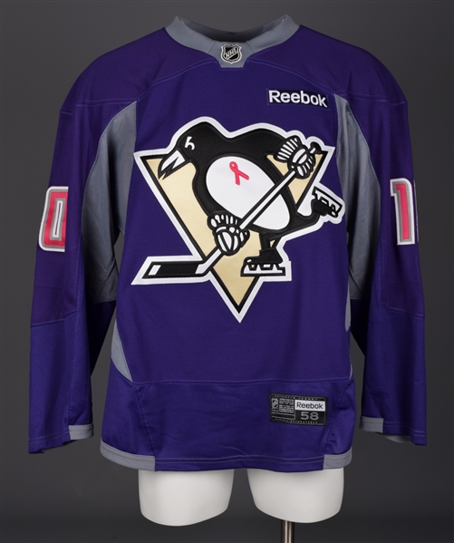 Christian Ehrhoffs 2014-15 Pittsburgh Penguins Signed Cancer Awareness Warm-Up Worn Jersey