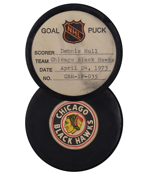 Dennis Hulls Chicago Black Hawks April 24th 1973 Playoff Goal Puck from the NHL Goal Puck Program - Semifinals Game-Winning Goal! - 6th Playoff Goal of Season / Career Playoff Goal #23