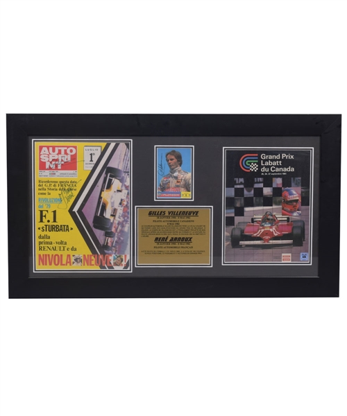 Formula One Racing Drivers Gilles Villeneuve and Rene Arnoux Dual-Signed 1979 Magazine Framed Display with JSA LOA