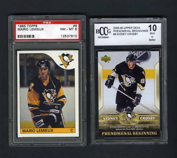 1985-86 Topps Hockey #9 HOFer Mario Lemieux RC Graded PSA 8 and 2005-06 UD Hockey Phenomenal Beginnings #6 Sidney Crosby Graded BCCG 10