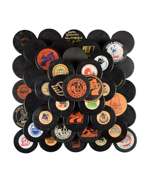 1970s Art Ross, Viceroy and CCM WHA Game Puck Collection of 24 Plus Vintage WHA Pucks (33)