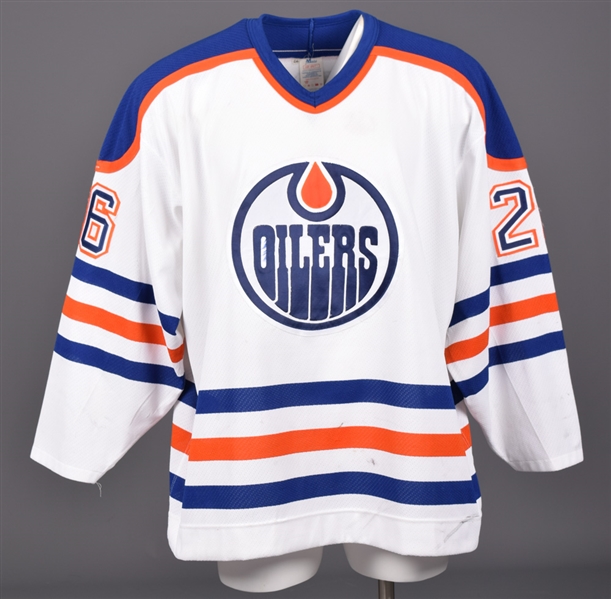 Shjon Podeins 1993-94 Edmonton Oilers Game-Worn Jersey with Team LOA -Team Repairs!