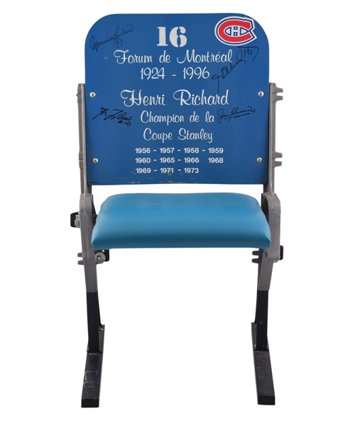 Henri Richard Montreal Forum #16 Blue Forum Seat Signed By Maurice and Henri Richard, Jean Beliveau and Guy Lafleur