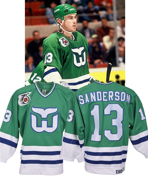 Geoff Sandersons 1991-92 Hartford Whalers Game-Worn Rookie Season Jersey - 75th Patch!