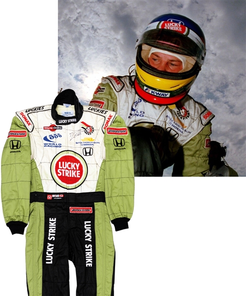 Jacques Villeneuves 2000 Lucky Strike BAR Honda F1 Team Signed Race-Worn Suit (Lucky Strike Sponsorship) with His Signed LOA