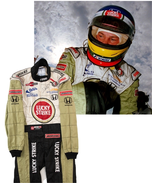 Jacques Villeneuves 2000 Lucky Strike BAR Honda F1 Team Signed Race-Worn Suit (Lucky Strike Sponsorship) with His Signed LOA
