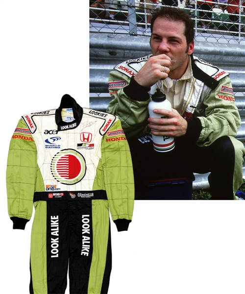Jacques Villeneuves 2002 Lucky Strike BAR Honda F1 Team Signed Race-Worn Suit (Look Alike Sponsorship) with His Signed LOA