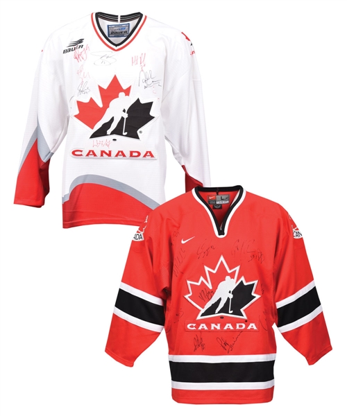 Team Canada 1998 and 2002 Winter Olympics Multi-Signed Jerseys with JSA LOAs Including Gretzky, Yzerman, Roy, Lindros, Sakic and Others