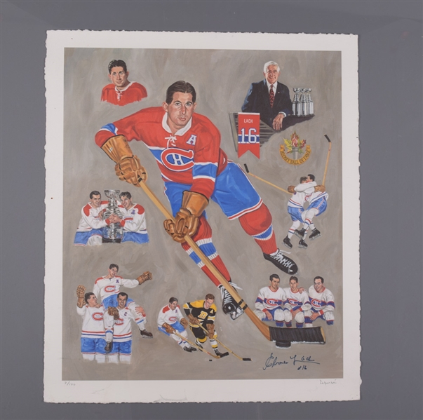 Elmer Lach Signed Montreal Canadiens Limited-Edition Retirement Night Michel Lapensee Framed Lithograph #7/100 (22 ½” x 26 ½”) 