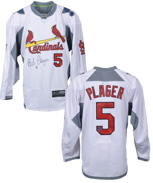 Bob Plager Signed St. Louis Cardinals / St. Louis Blues Themed Jersey with St. Louis Blues 14 Fund COA