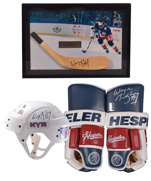Wayne Gretzky 1997-98 New York Rangers Signed Hockey Stick Blade Limited-Edition Framed Display with UDA COA, Signed 1997-98 Hespeler Gloves with WGA COA and Signed Rangers Helmet