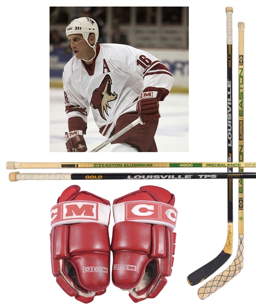 Brett Hull’s 2005-06 Phoenix Coyotes Game-Used Gloves Plus Easton and Louisville Game-Used Sticks (2)