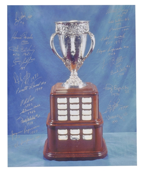 NHL Calder Memorial Trophy Past Winners Multi-Signed Photo by 21 with Inscriptions Including Bure, Leetch, Robitaille and Belfour with LOA (16” x 20”)