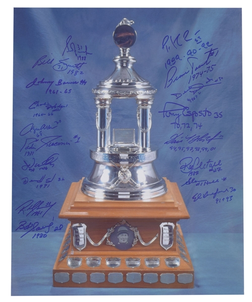 NHL Vezina Trophy Past Winners Multi-Signed Photo by 18 with Inscriptions Including Roy, Fuhr, Parent, Hasek and Belfour with LOA (16" x 20")