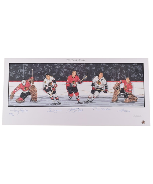 Chicago Black Hawks Limited-Edition Lithograph Autographed by 5 HOFers with LOA (18" x 39")