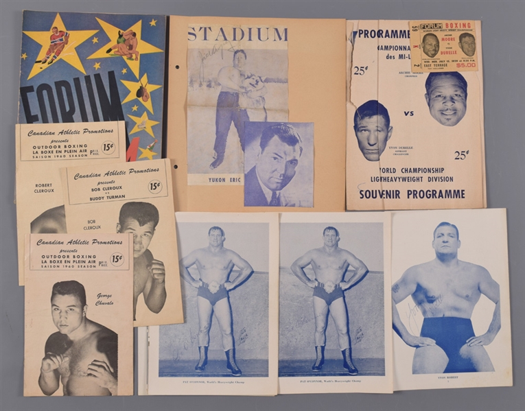Vintage 1940s/1950s Boxing and Wrestling Magazine Collection (110+), 1959 Moore vs Durelle Program and Ticket, Jack Dempsey and Wrestlers Signatures