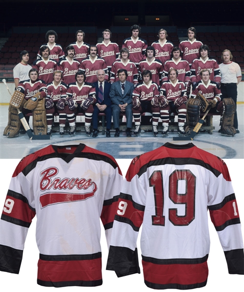 Scarce 1973-74 AHL Boston Braves Game-Worn #19 Jersey - One-Year Style!