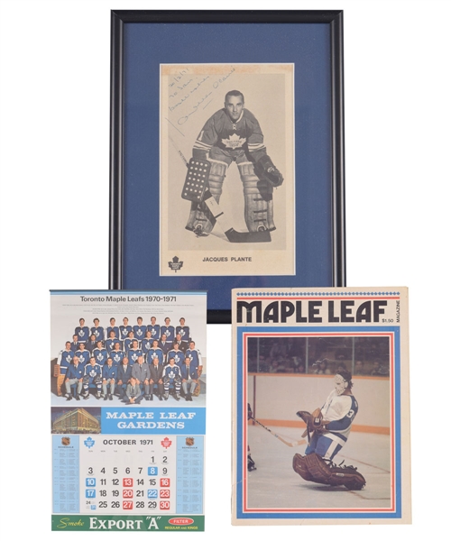 Toronto Maple Leafs Collection with Early-1970s Jacques Plante Signed Postcard, February 7th 1976 Darryl Sittler Record 10 Points Night Program and 1971-72 Calendar