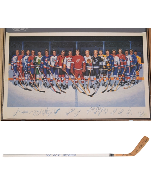 Maurice Richards 500-Goal Scorers Lithograph Autographed by 17 with Richard, Gretzky, Beliveau and Howe Plus Beliveau/Lafleur Dual-Signed Stick with Family LOA