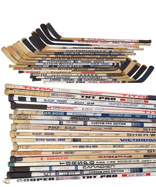 1980s/1990s Game-Used Stick Collection of 36 Including Smith, Naslund, Stevens, Iafrate, Taylor, Tocchet, Nicholls, Vaive, Linden and Others - Most Signed!