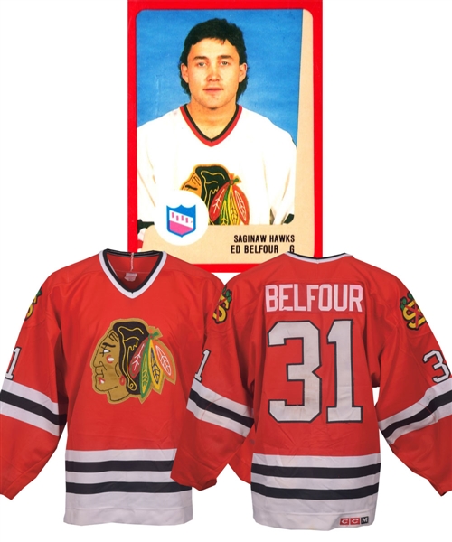 Ed Belfours 1987-89 IHL Saginaw Hawks Game-Worn Away Jersey with LOA