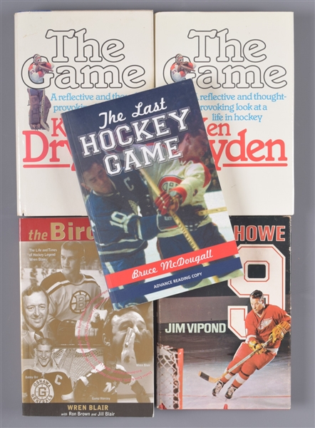Signed Hockey Book Collection of 4 with Dryden "The Game" (2), Gordie Howe "Number 9" and Wren Blair "The Bird" Plus "The Last Hockey Game" Advance Reading Copy